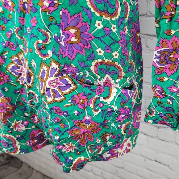 NWT VTG Richard Warren Green 100% Silk Floral Gold Button Long Sleeve Blouse 4 - Picture 10 of 16